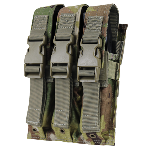 The Condor Triple MP5 Mag Pouch in Scorpion OCP features three compartments, each secured by a strap and plastic buckle, all in durable camouflage fabric.
