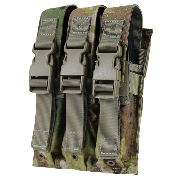 The Condor Triple MP5 Mag Pouch in Scorpion OCP features three compartments, each secured by a strap and plastic buckle, all in durable camouflage fabric.