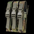 The Condor Triple MP5 Mag Pouch in Scorpion OCP features three compartments, each secured by a strap and plastic buckle, all in durable camouflage fabric.