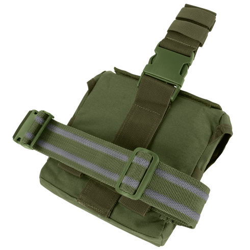 The Condor Drop Leg Dump Pouch in olive green features adjustable straps and plastic buckles, designed for secure attachment to gear or a belt.
