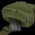 A Condor Drop Leg Dump Pouch in green, featuring a Velcro flap, is shown partially open with a black rifle magazine visible inside.
