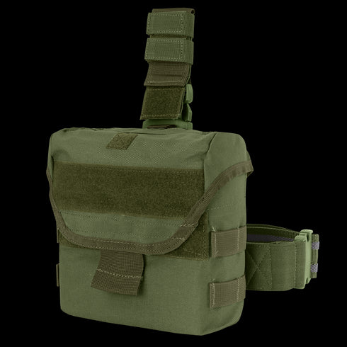 The Condor Drop Leg Dump Pouch in Olive Drab features a flap cover, Velcro closure, and adjustable straps, designed for secure attachment to your belt or gear.