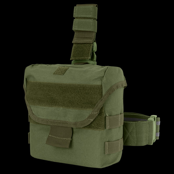 The Condor Drop Leg Dump Pouch in Olive Drab features a flap cover, Velcro closure, and adjustable straps, designed for secure attachment to your belt or gear.