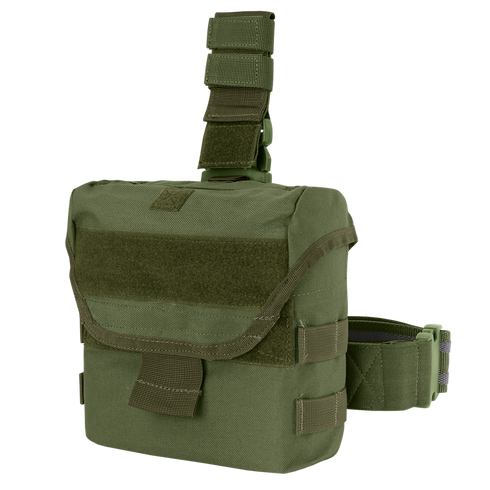 Condor Drop Leg Dump Pouch | SALE – an olive green tactical pouch featuring a flap closure, adjustable strap, and side loops, designed for attachment to a belt or gear for carrying equipment.