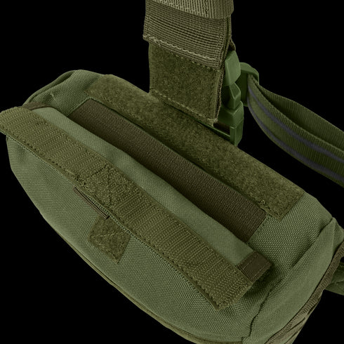 The Condor Drop Leg Dump Pouch, in olive green, features durable fabric, Velcro straps, and a zipper, shown on a white background.
