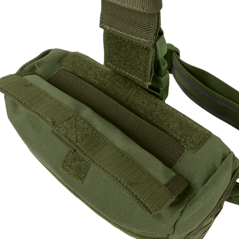 The Condor Drop Leg Dump Pouch, in olive green, features durable fabric, Velcro straps, and a zipper, shown on a white background.
