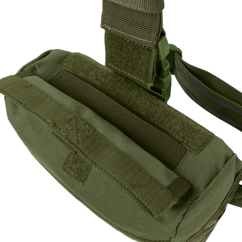 The Condor Drop Leg Dump Pouch, in olive green, features durable fabric, Velcro straps, and a zipper, shown on a white background.