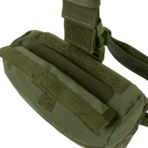 The Condor Drop Leg Dump Pouch, in olive green, features durable fabric, Velcro straps, and a zipper, shown on a white background.
