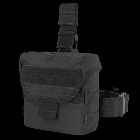 The Condor Drop Leg Dump Pouch is a black tactical pouch with a flap closure, adjustable straps, and MOLLE webbing—perfect for EDC or bushcraft and designed for secure attachment to gear or belts.