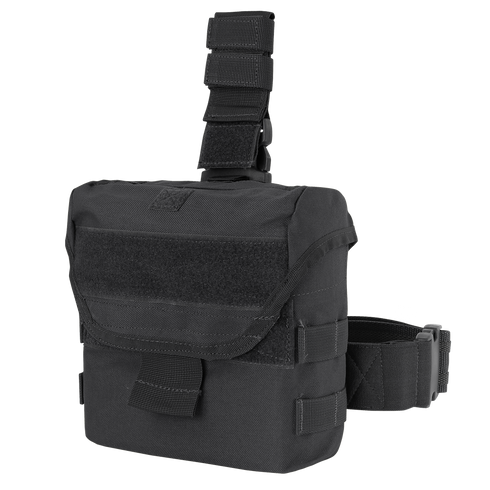 The Condor Drop Leg Dump Pouch is a black tactical pouch with a flap closure, adjustable straps, and MOLLE webbing—perfect for EDC or bushcraft and designed for secure attachment to gear or belts.