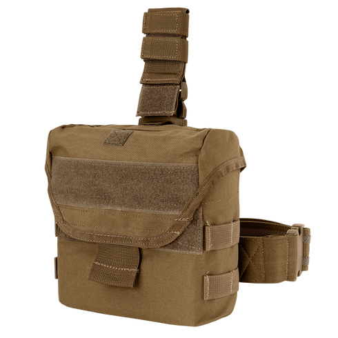 The Condor Drop Leg Dump Pouch features a flap closure, adjustable strap, and MOLLE webbing for easy attachment to gear or belts.