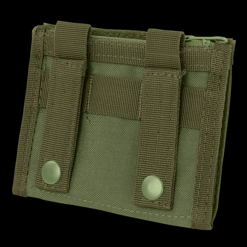 The Condor ID Panel is a green tactical nylon pouch featuring two vertical straps and snap buttons on the back, designed for attachment to gear or belts.
