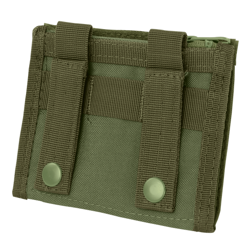 The Condor ID Panel is a green tactical nylon pouch featuring two vertical straps and snap buttons on the back, designed for attachment to gear or belts.
