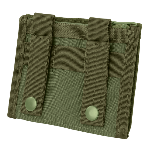 The Condor ID Panel is a green tactical nylon pouch featuring two vertical straps and snap buttons on the back, designed for attachment to gear or belts.