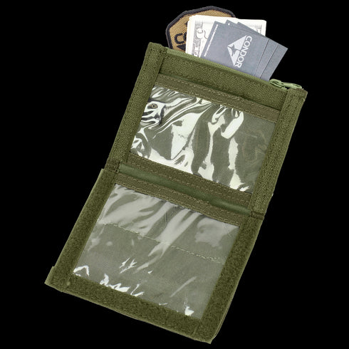 The Condor ID Panel is an olive green wallet with clear plastic compartments for cash and cards, shown open on a plain background.