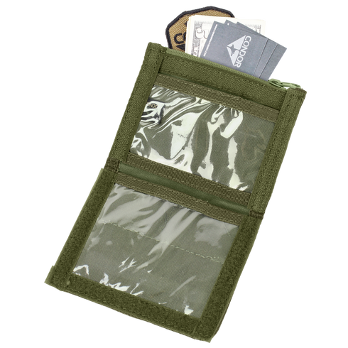 The Condor ID Panel is an olive green wallet with clear plastic compartments for cash and cards, shown open on a plain background.