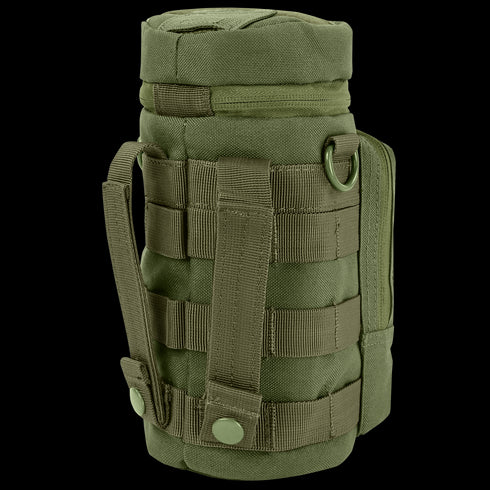 The Condor H2O Pouch is an olive green tactical pouch with MOLLE straps, a top flap closure, reinforced stitching, and attachment rings—ideal for carrying bottles or gear.