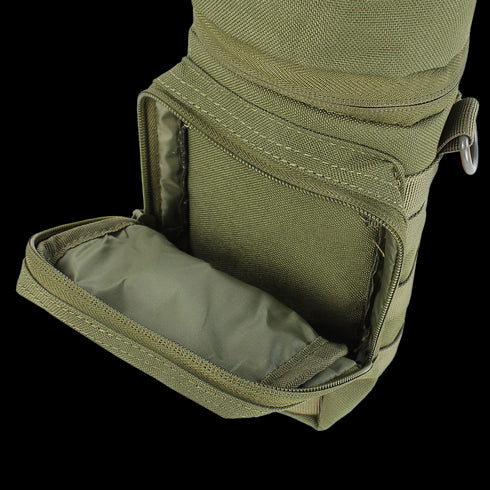 A close-up of the Condor H2O Pouch in MultiCam, made from durable fabric with a zippered opening, reveals its spacious interior—perfect for bushcraft or military applications.