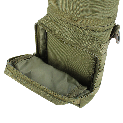 A close-up of the Condor H2O Pouch in MultiCam, made from durable fabric with a zippered opening, reveals its spacious interior—perfect for bushcraft or military applications.