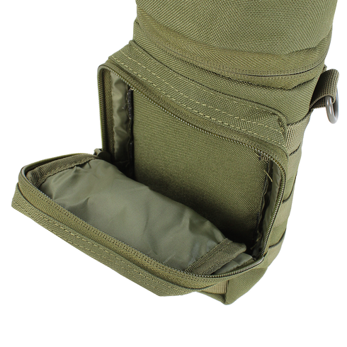 A close-up of the Condor H2O Pouch in MultiCam, made from durable fabric with a zippered opening, reveals its spacious interior—perfect for bushcraft or military applications.