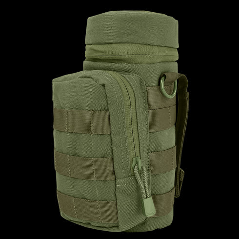 The Condor H2O Pouch in Olive Drab features MOLLE webbing, a zippered pocket, and a strap ring, designed for carrying bottles or gear.