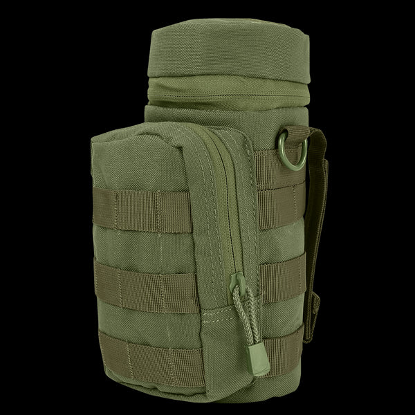 The Condor H2O Pouch in Olive Drab features MOLLE webbing, a zippered pocket, and a strap ring, designed for carrying bottles or gear.