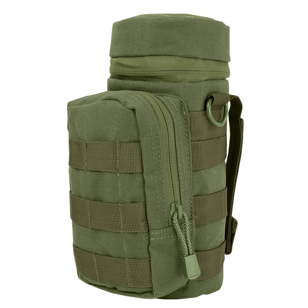 The Condor H2O Pouch in Olive Drab features MOLLE webbing, a zippered pocket, and a strap ring, designed for carrying bottles or gear.