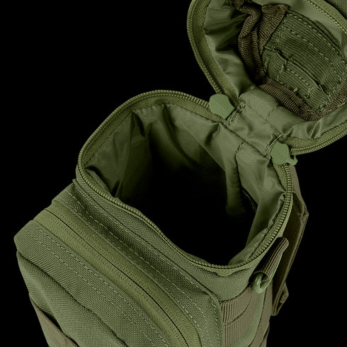 The Condor H2O Pouch is shown in green with its zippered main compartment open to reveal the empty interior. External webbing is visible on the pouch.