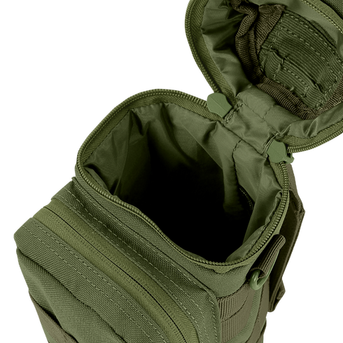 The Condor H2O Pouch is shown in green with its zippered main compartment open to reveal the empty interior. External webbing is visible on the pouch.