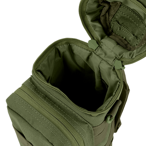The Condor H2O Pouch is shown in green with its zippered main compartment open to reveal the empty interior. External webbing is visible on the pouch.