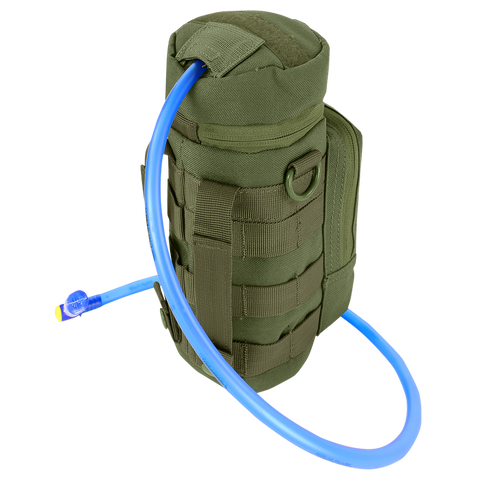The Condor H2O Pouch is a green tactical hydration pouch with a blue drinking tube, bite valve, MOLLE webbing, and carrying handle.