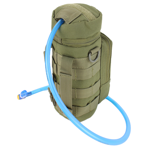 The Condor H2O Pouch - MultiCam features MOLLE webbing and a blue drinking tube, making it an ideal hydration pack for bushcraft or military use in tough outdoor conditions.