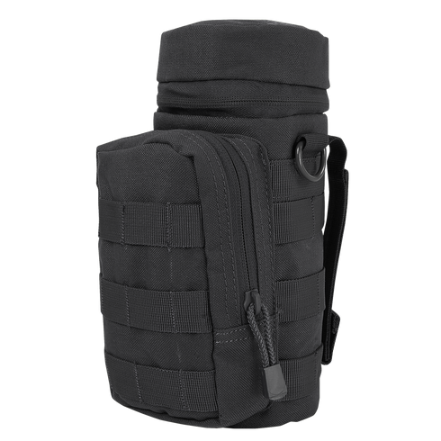 The Condor H2O Pouch is a black tactical pouch featuring a zippered main compartment, front MOLLE webbing, and a side strap.