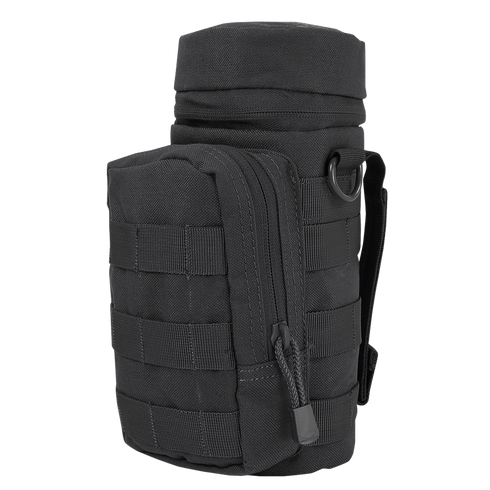 The Condor H2O Pouch is a black tactical pouch featuring a zippered main compartment, front MOLLE webbing, and a side strap.