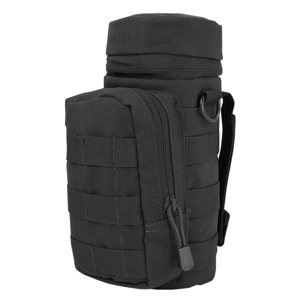 The Condor H2O Pouch is a black tactical pouch featuring a zippered main compartment, front MOLLE webbing, and a side strap.