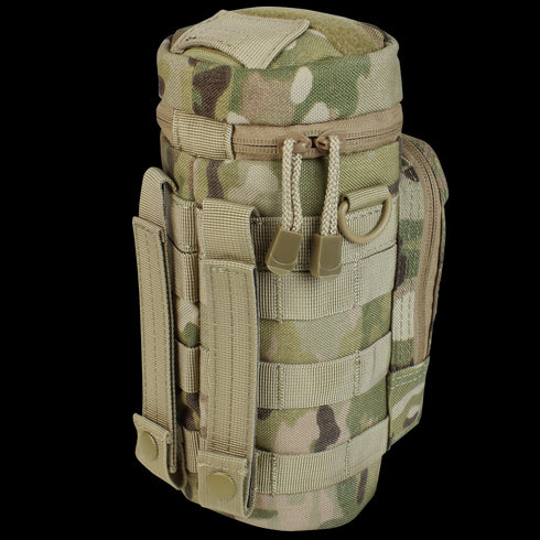The Condor H2O Pouch - MultiCam is a tactical pouch with MOLLE webbing and dual zipper pulls, designed for carrying bottles or gear in a camouflage pattern.