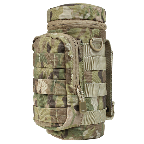 The Condor H2O Pouch in MultiCam features a camouflage design, zippered compartment, MOLLE webbing, and a carrying handle.