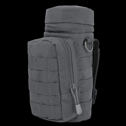The Condor H2O Pouch is a black tactical bag featuring a cylindrical main compartment, front zippered pocket, MOLLE webbing, and side strap.