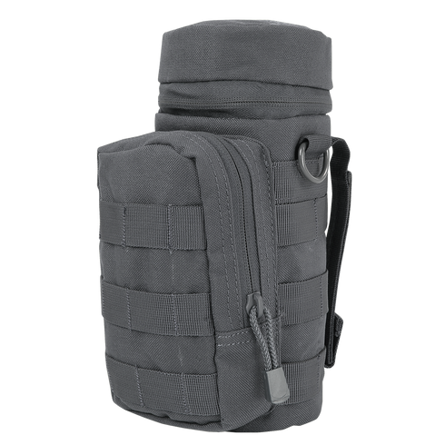The Condor H2O Pouch is a black tactical bag featuring a cylindrical main compartment, front zippered pocket, MOLLE webbing, and side strap.