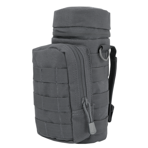 The Condor H2O Pouch is a black tactical bag featuring a cylindrical main compartment, front zippered pocket, MOLLE webbing, and side strap.