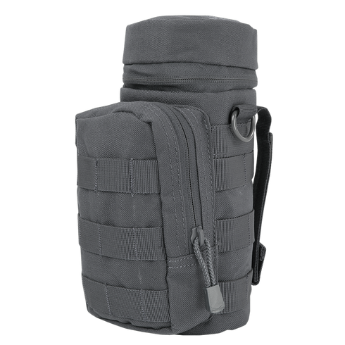 The Condor H2O Pouch is a black tactical bag featuring a cylindrical main compartment, front zippered pocket, MOLLE webbing, and side strap.