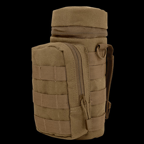 The Condor H2O Pouch is a tan tactical water bottle pouch with a zippered front pocket, MOLLE webbing, and a carrying strap—ideal for outdoor or military use.