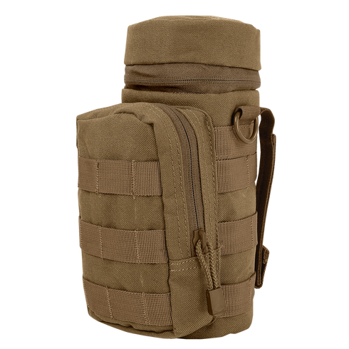 The Condor H2O Pouch is a tan tactical water bottle pouch with a zippered front pocket, MOLLE webbing, and a carrying strap—ideal for outdoor or military use.