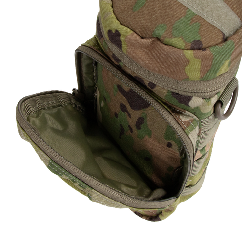 The Condor H2O Pouch - Scorpion OCP is shown open, displaying its empty main compartment and an internal mesh pocket, all in a camouflage-patterned design.