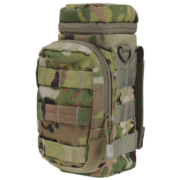 The Condor H2O Pouch in Scorpion OCP features a camouflage pattern, zippered main compartment, front pocket, MOLLE webbing, and a side attachment ring.