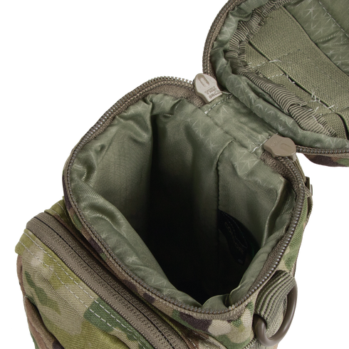 The Condor H2O Pouch - Scorpion OCP is shown open, revealing its empty green interior, visible stitching, and secure zipper closure in a military-style camouflage design.