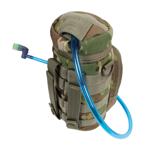 The Condor H2O Pouch - Scorpion OCP features a camouflage design, blue drinking tube, and gray straps, ideal for outdoor or military use.