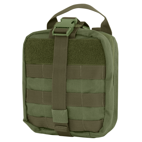 The Condor Rip-Away EMT Pouch in Olive Drab has a top handle, buckle strap closure, and front horizontal webbing for attaching gear.