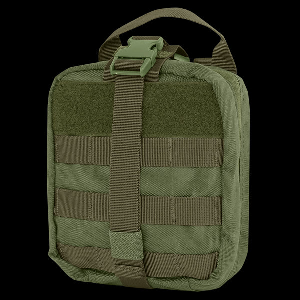 The Condor Rip-Away EMT Pouch in Olive Drab has a top handle, buckle strap closure, and front horizontal webbing for attaching gear.