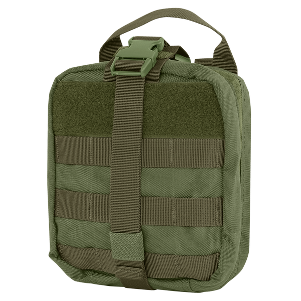 The Condor Rip-Away EMT Pouch in Olive Drab has a top handle, buckle strap closure, and front horizontal webbing for attaching gear.